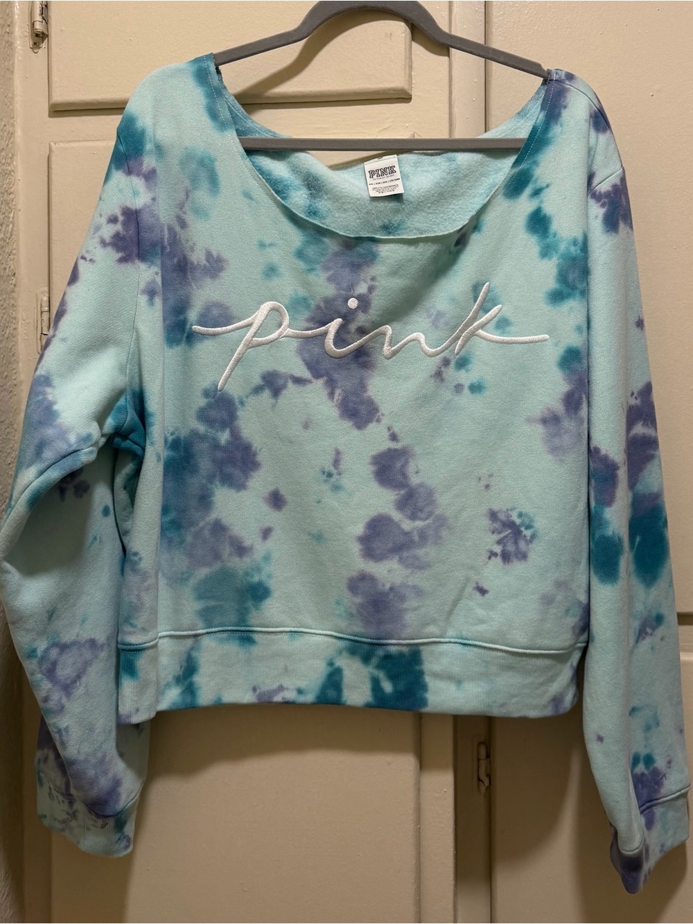 PINK Victoria's Secret Aqua & Purple Tie-Dye off shoulder Pullover Sweatshirt